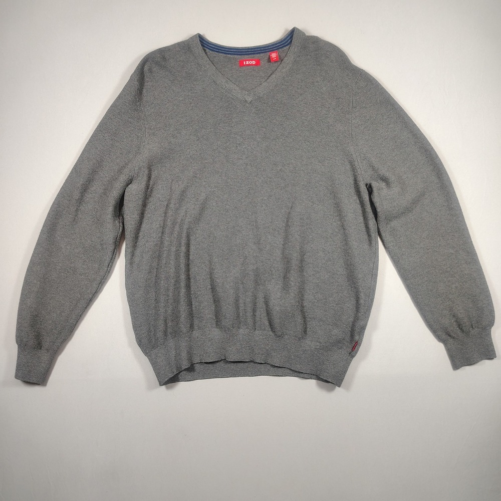 IZOD Sweater Mens Large Gray V-Neck Pullover‎ Textured 100% Cotton Knit